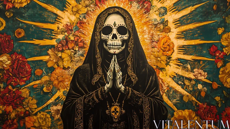 Skeleton in Prayerful Pose with Radiant Floral Background AI Image