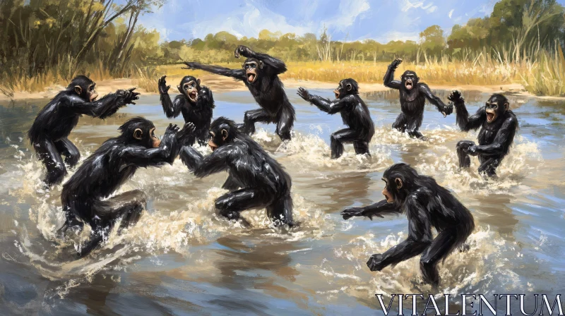 Monkeys Splashing and Playing in Nature AI Image