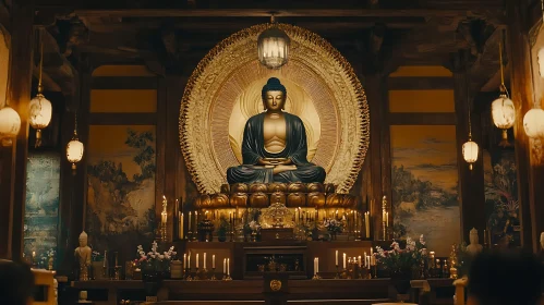 Golden Buddha Statue in Traditional Shrine