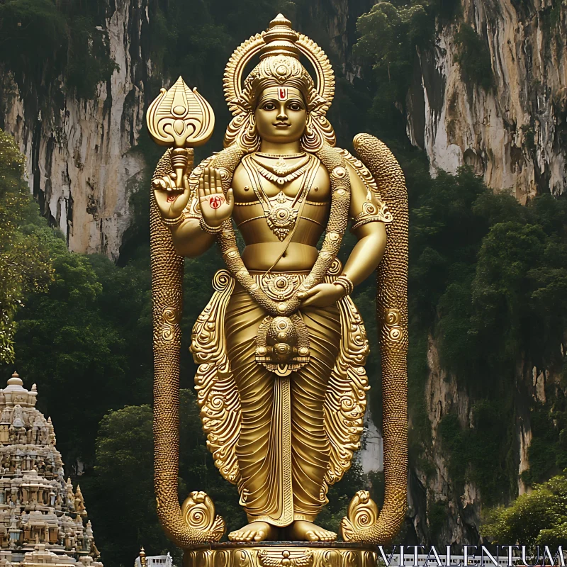 Iconic Golden Sculpture and Temple in Verdant Landscape AI Image