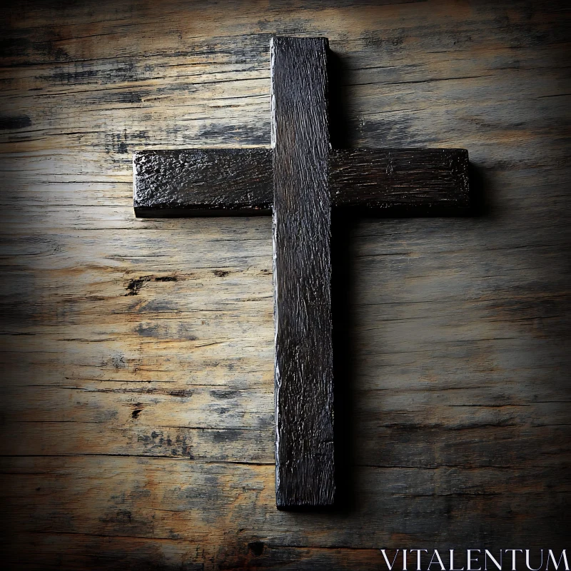 Weathered Wooden Cross on Aged Wood Panel AI Image