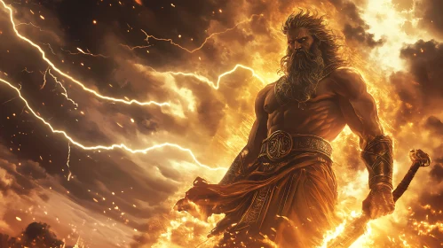 Powerful Deity with Lightning in Fiery Storm