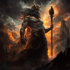 Powerful Deity With Scepter in Fiery Surroundings