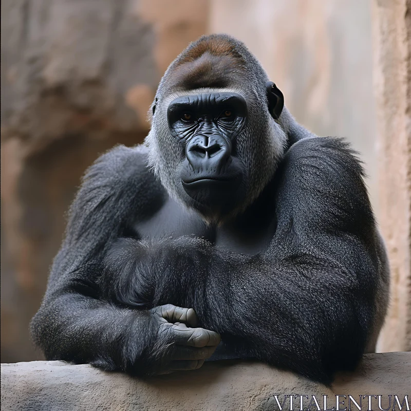 Gorilla Resting on Stone Ledge AI Image