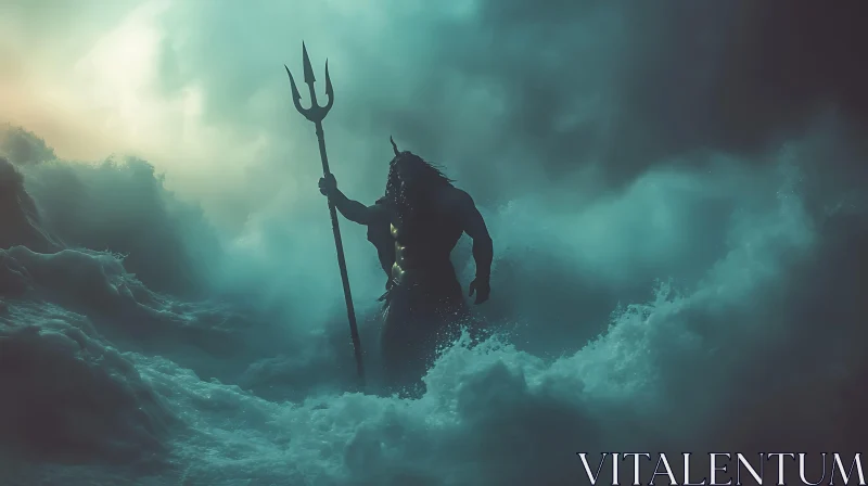 Ocean Deity with Trident Amidst Stormy Seas AI Image