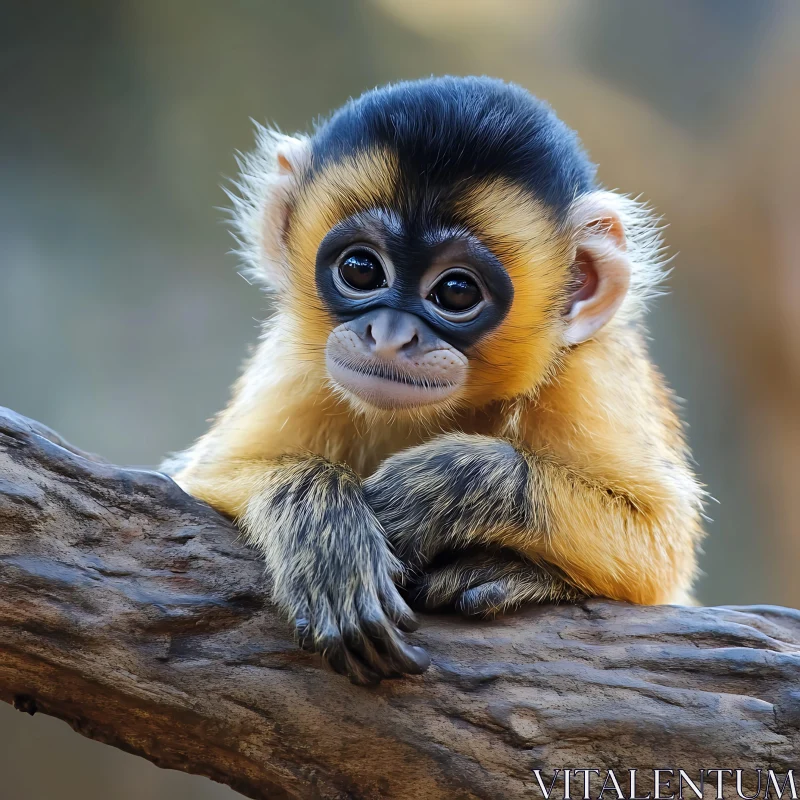 AI ART Cute Baby Monkey on a Tree Branch