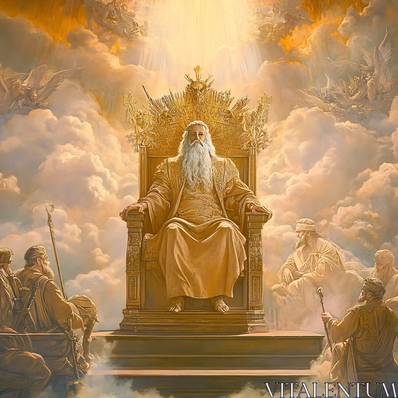 Ethereal Scene of Godlike Figure on Ornate Throne AI Image