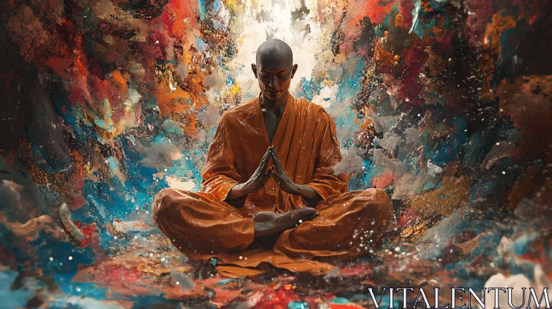 Monk Meditating in a Colorful Abstract Setting AI Image