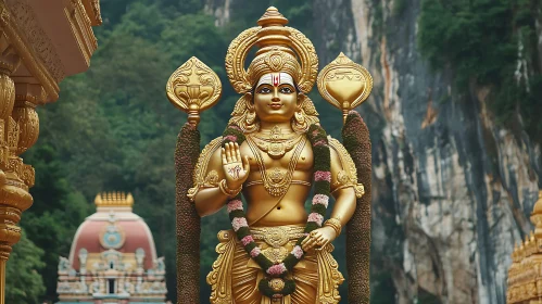 Divine Golden Sculpture Amidst Nature and Architecture