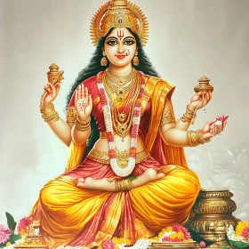 Illustration of Hindu Goddess with Vibrant Attire
