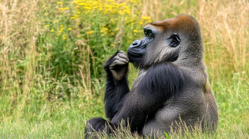 Gorilla Lost in Thought in Grass Field