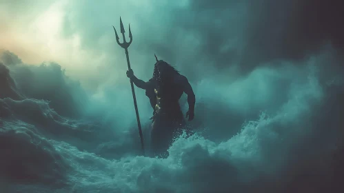 Ocean Deity with Trident Amidst Stormy Seas