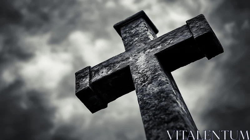 Ominous Sky with Stone Cross Monument AI Image