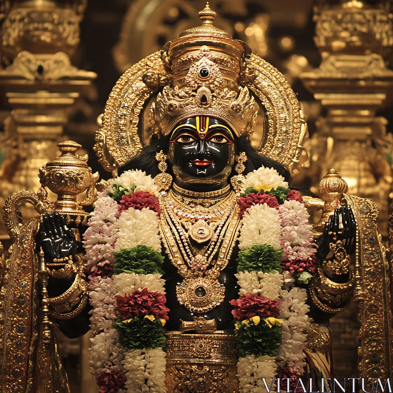 Divine Temple Figure with Intricate Gold Decorations and Multi-Colored Garlands AI Image