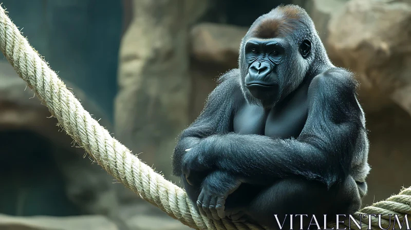 Pensive Gorilla on Rope AI Image