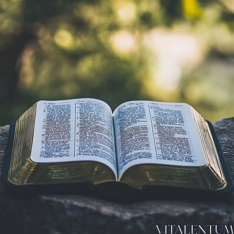 Book Resting on Stone in Natural Setting AI Image