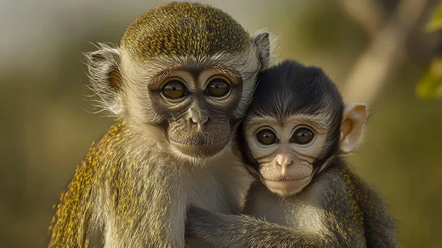 Mother and Baby Monkey in a Serene Forest Setting