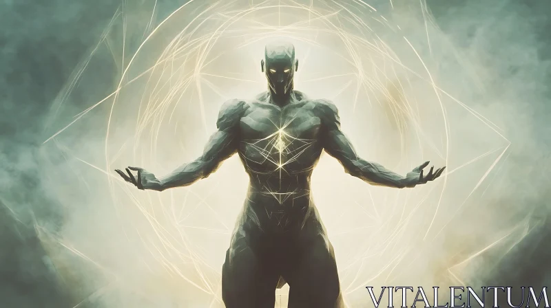 Supernatural Cyborg with Luminous Geometric Halo AI Image