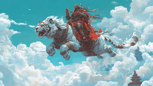 Warrior Riding Tiger Amidst Cloudscape