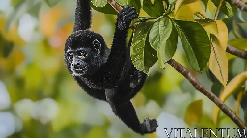 Monkey Clinging to Tree Among Green Leaves AI Image