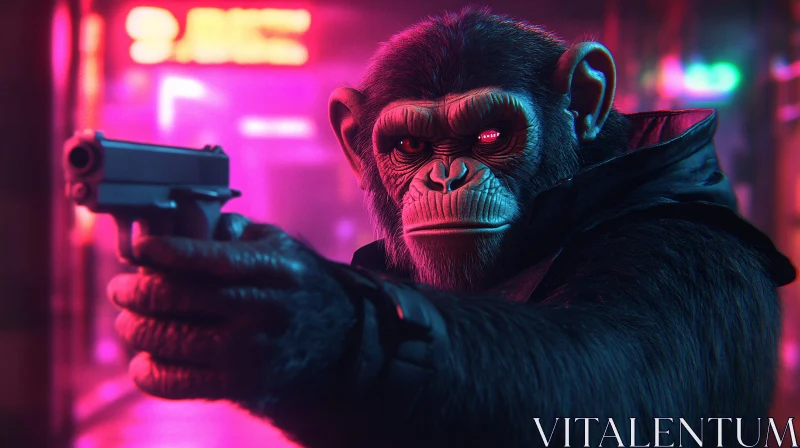 Cybernetic Chimp in Futuristic Neon Cityscape AI Image