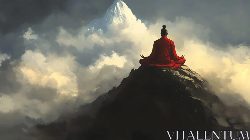 Solitary Meditation on Mountain Top AI Image