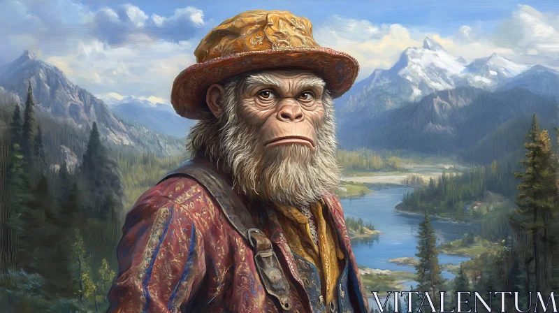 AI ART Monkey in Detailed Attire with Scenic Mountain Backdrop