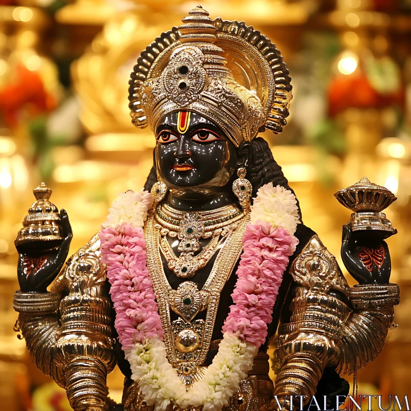 Ornate Deity Statue with Gold and Flowers AI Image