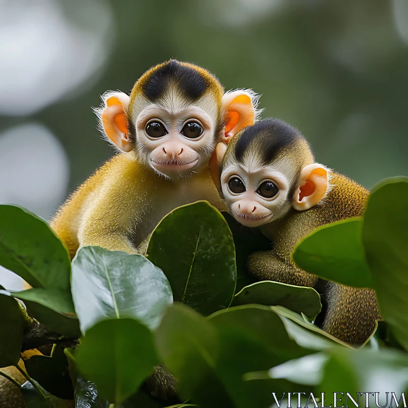 Tender Moment Between Baby Monkeys in Nature AI Image