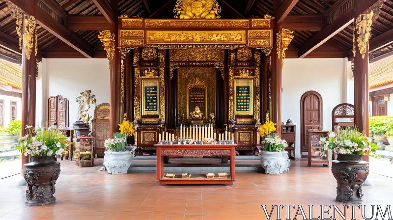 Asian Temple Shrine with Floral Decor and Golden Accents AI Image