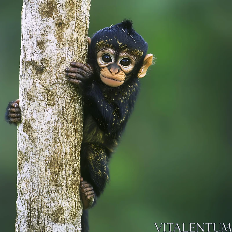 AI ART Curious Baby Monkey on Tree Trunk