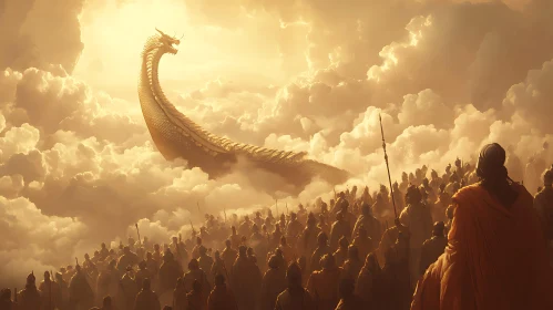 Majestic Golden Dragon Overlooks Ancient Warriors in the Clouds