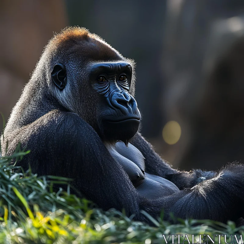 AI ART Contemplative Gorilla Lying on Grass