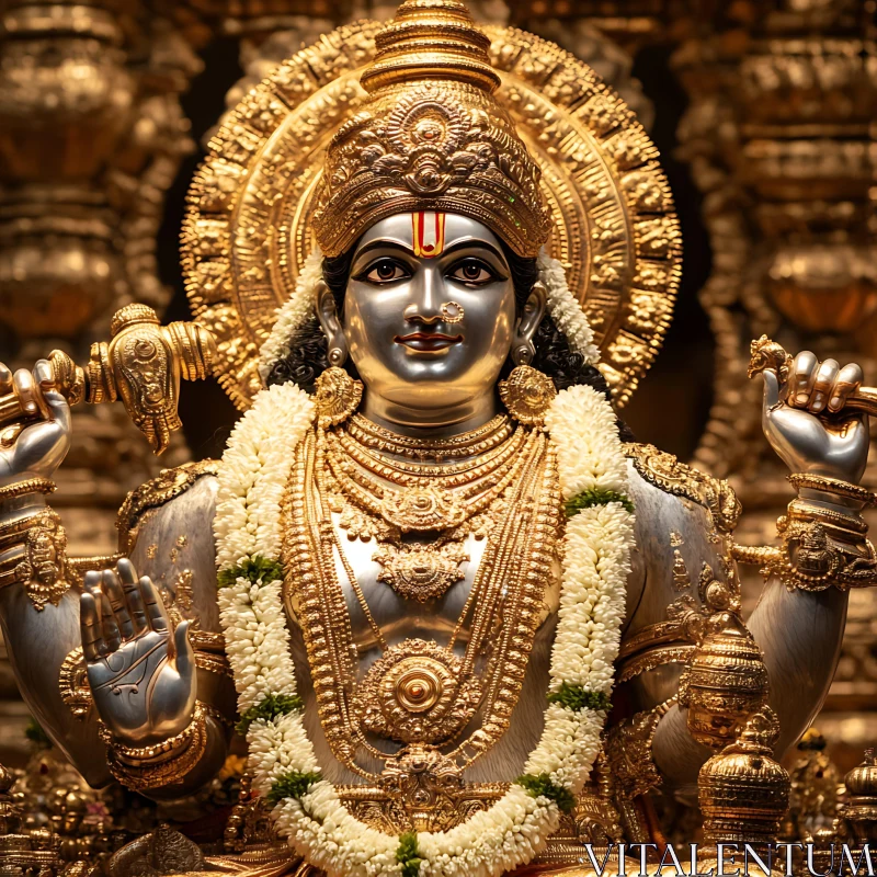 Ornate Deity Statue Adorned with Gold and Flowers AI Image