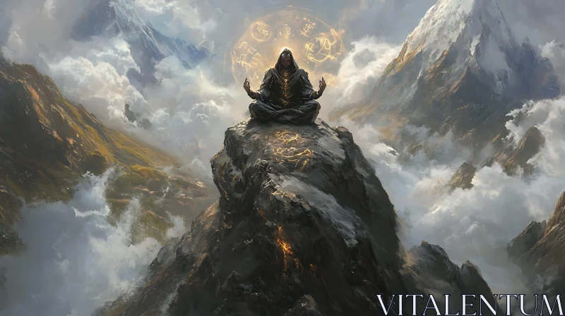 Ancient Wizard in a Cloudy Mountain Landscape AI Image