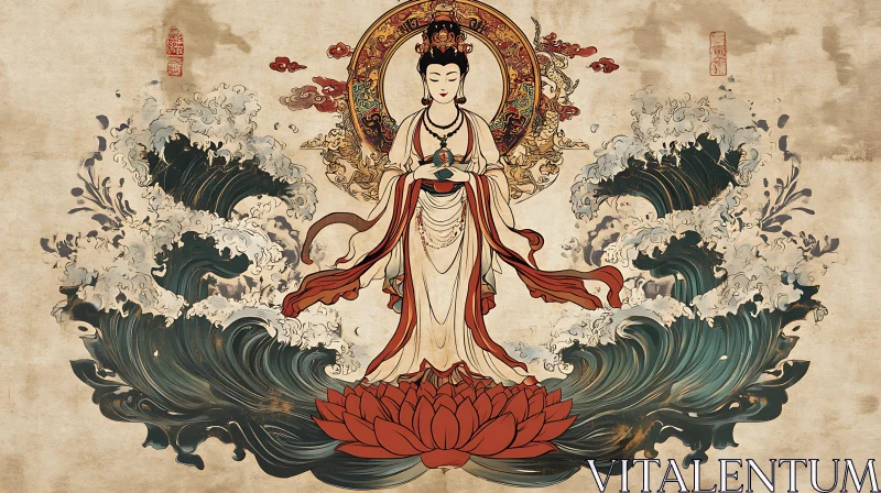 Divine Figure on Lotus with Surrounding Waves AI Image