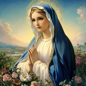 Saintly Woman in Prayer with Radiant Halo and Blooming Roses