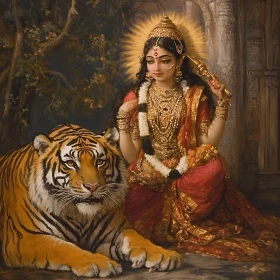 Divine Goddess and Tiger in Mystical Temple