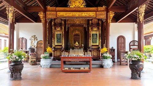 Asian Temple Shrine with Floral Decor and Golden Accents