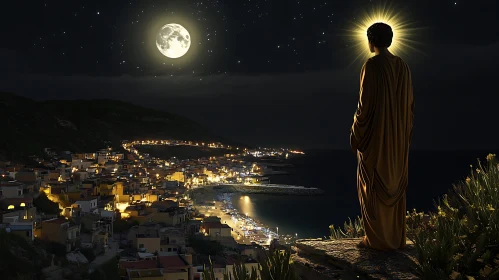 Statue Overlooking Moonlit Coastal Village