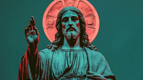 Teal and Red Representation of Holy Figure