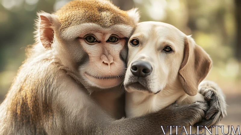 Monkey Hugging Dog in Nature AI Image