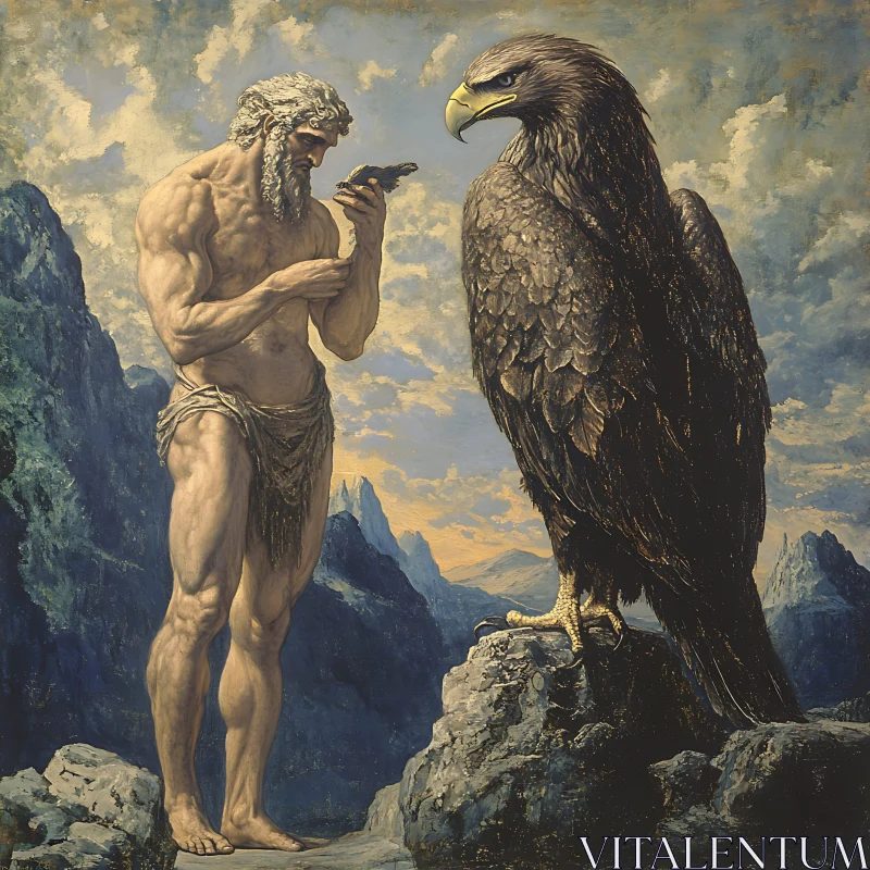 AI ART Ancient Man and Eagle Amongst Mountains