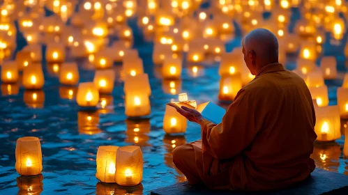 Tranquil Lantern Release by a Monk