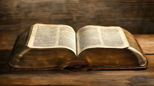 Open Vintage Book on Wooden Table