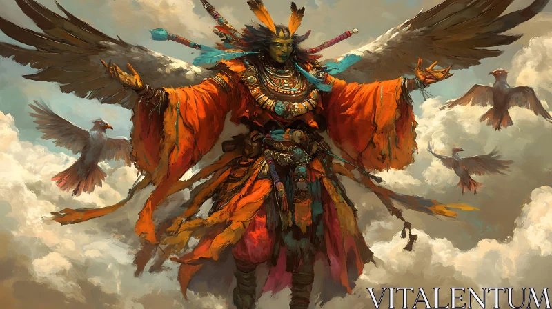 AI ART Shamanic Figure with Wings and Birds in Cloudy Sky