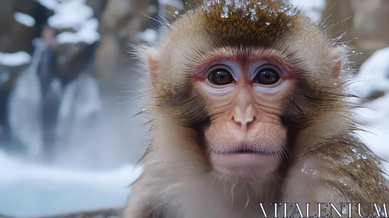 Monkey Close-Up in Snowy Habitat AI Image