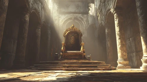 Ornate Throne in Ancient Ruins Bathed in Sunlight