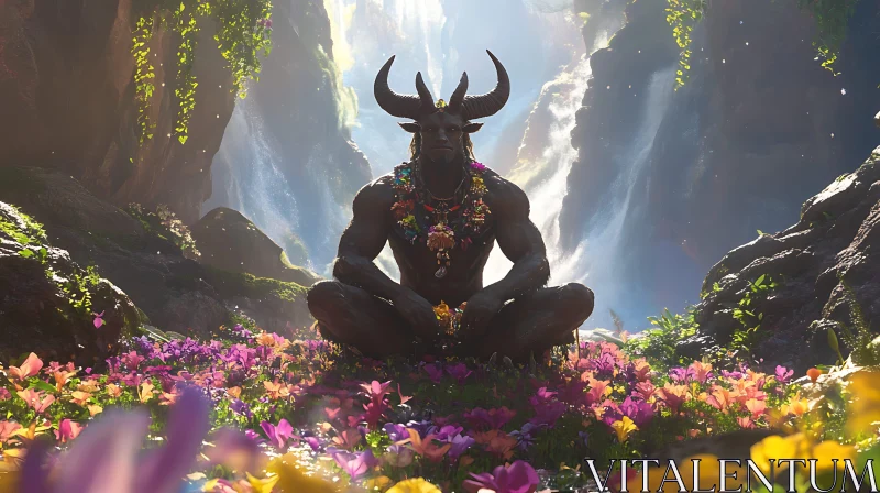 AI ART Minotaur Amongst Flowers and Waterfalls