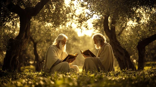 Elders Immersed in Books Under Forest Canopy